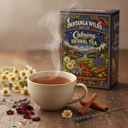 Steaming cup of Pantanga Wilds Calming Herbal Tea with chamomile, lavender and rose petals