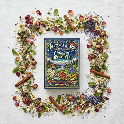 Flat lay of Pantanga Wilds Calming Herbal Tea with loose leaf ingredients on white linen